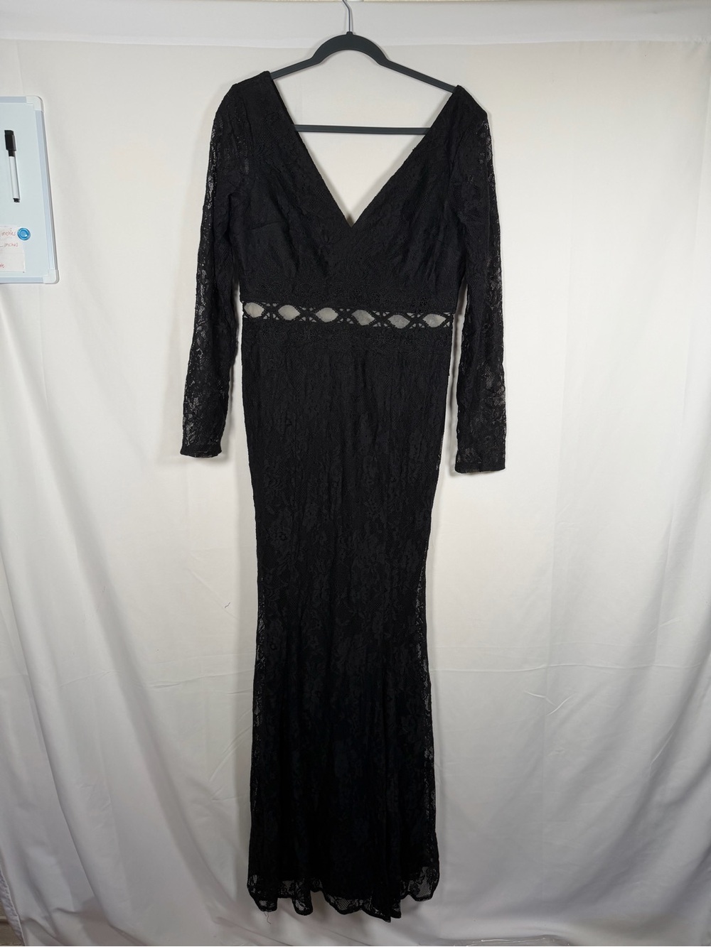 Whimsigoth Witchy Vamp Black Sheer Lace Long Sleeve V-Neck Gown